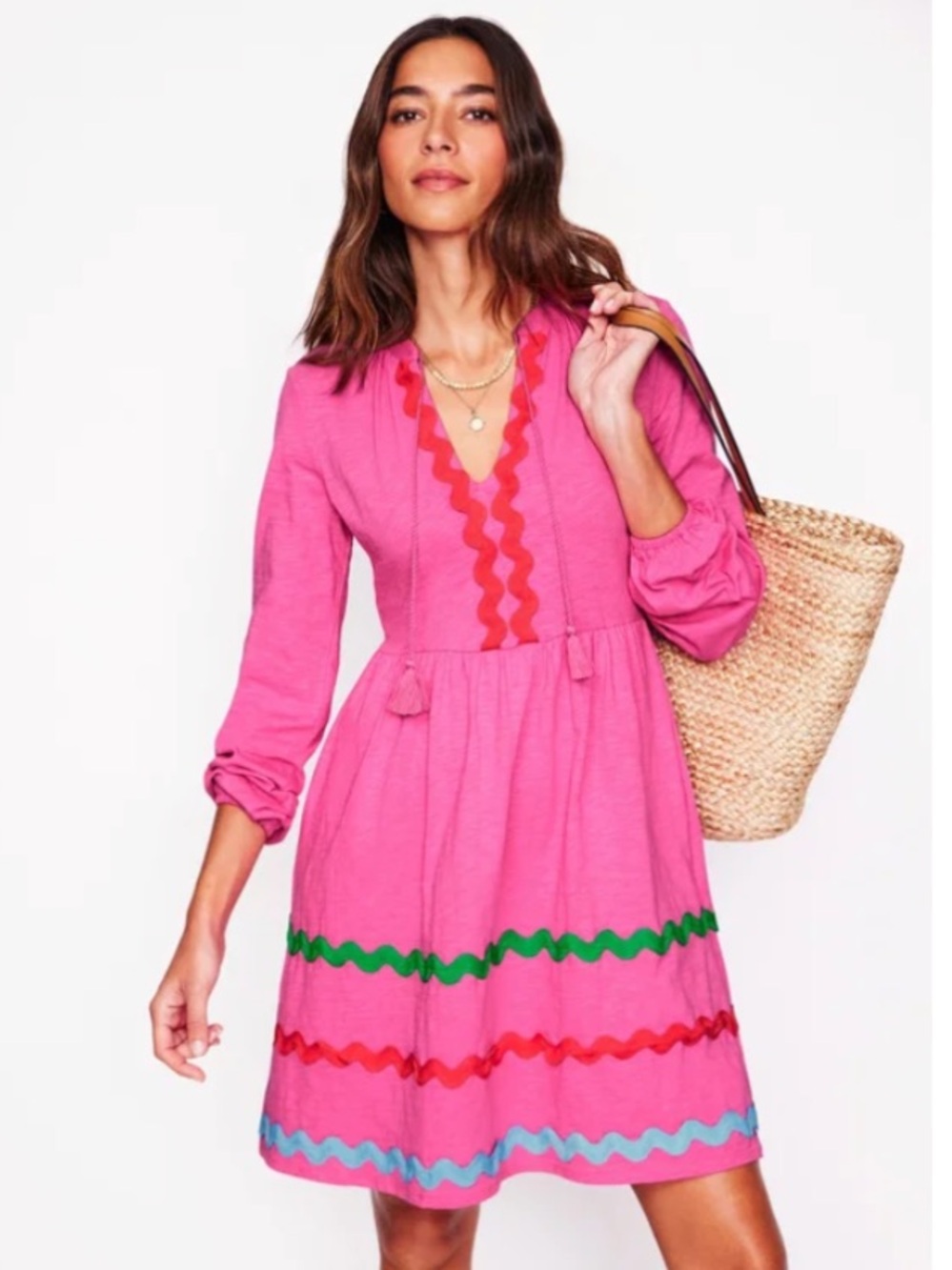 Boden Pink Long Sleeve V-Neck Tiered Dress with Colorful Trim